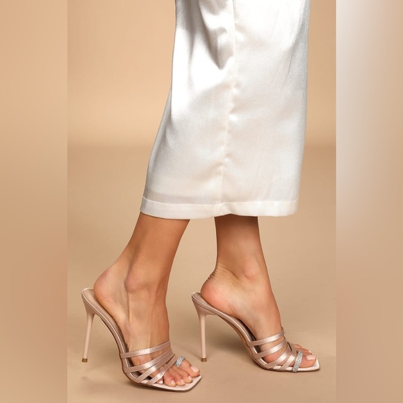 Lulus Size 8.5 Juen Light Nude Satin Rhinestone High Heel Slide Sandals - Picture 4 of 4